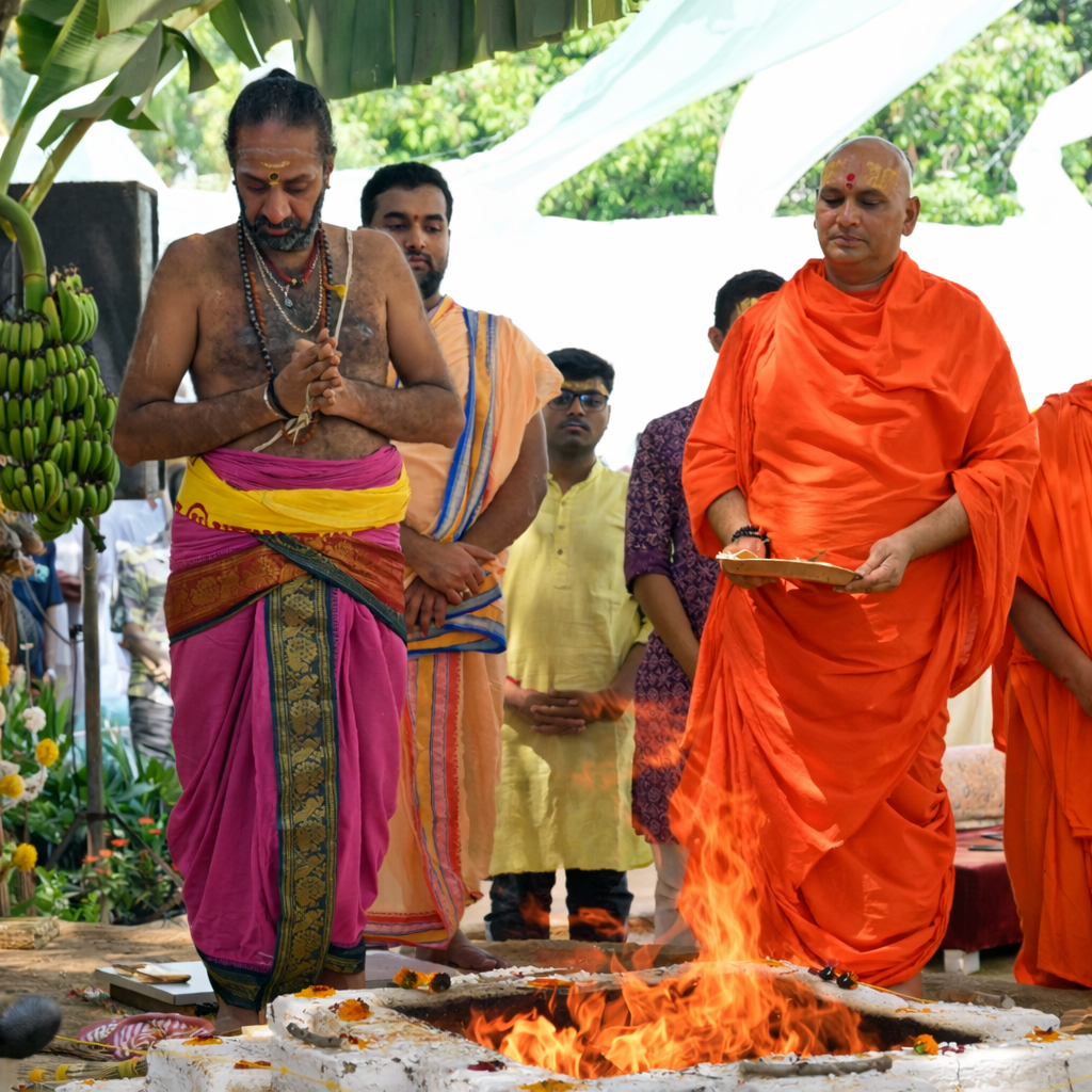 A serene Vedic priest pouring ghee into the sacred fire, wearing traditional saffron robes, soft focus